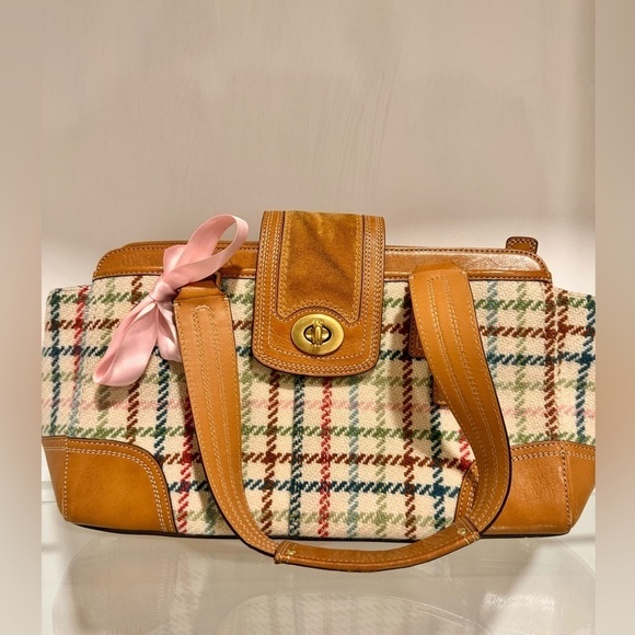 COACH Hamptons Tattersall Wool Tweed Plaid Handbag Purse - Picture 2 of 6